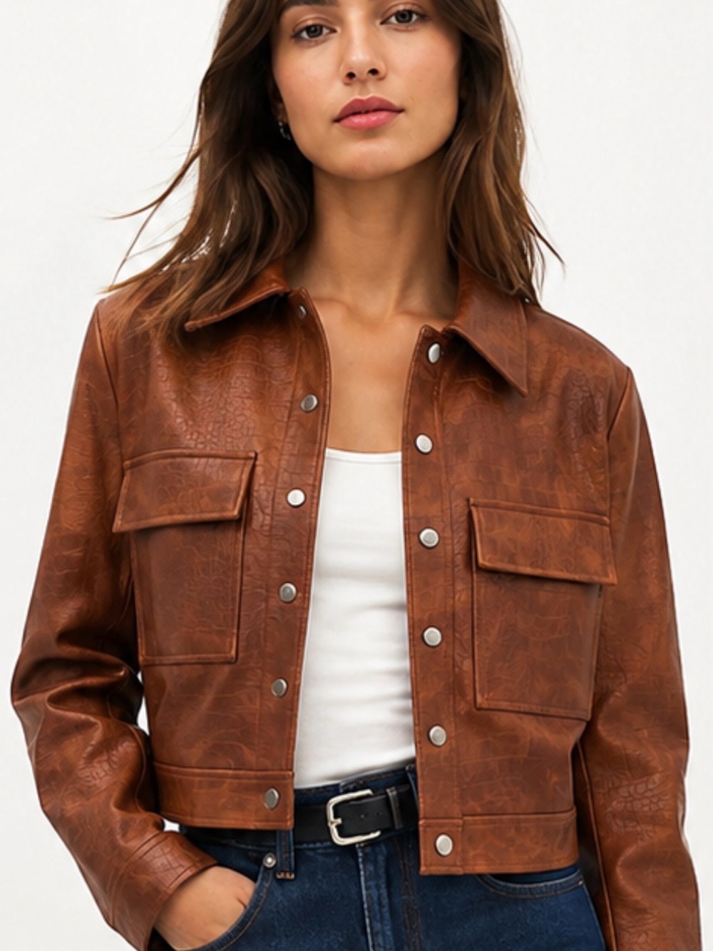 Brown Cropped Croc Embossed Faux Vegan Leather Utility Jacket Front Pockets L